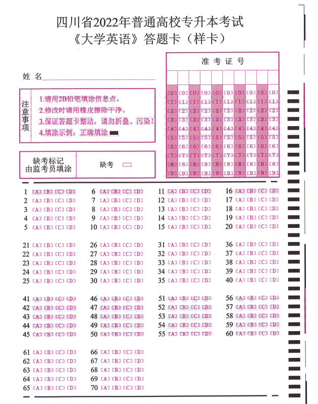 四川省2022年普通高校专升本考试《大学英语》答题卡(样卡)