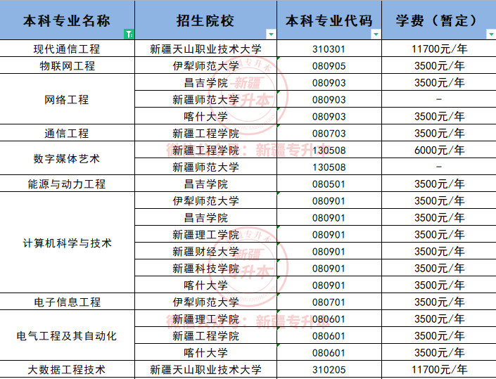 本科綠牌專業(yè)在新疆專升本中招生情況