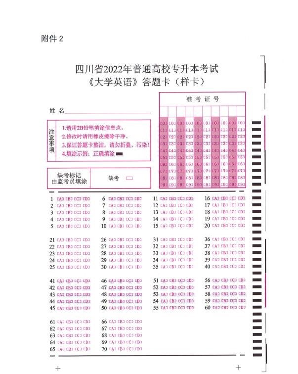 四川省2022年普通高校专升本考试《大学英语》答题卡（样卡） 