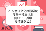 2022丽江文化旅游学院专升本招生计划共1015，其中专项计划129