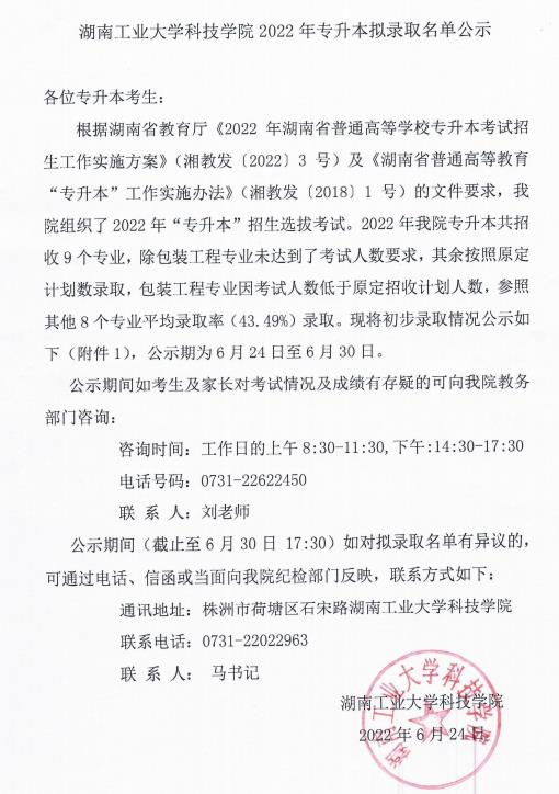 2022年湖南工业大学科技学院专升本拟录取名单