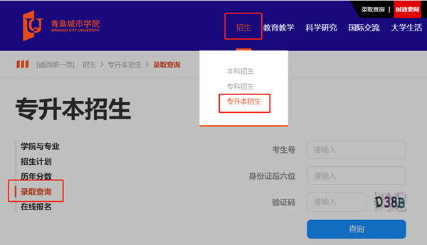 2022年青岛城市学院专升本录取通知书查询