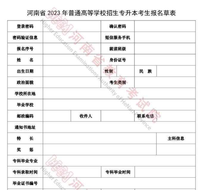 2023年河南省统招专升本报名表