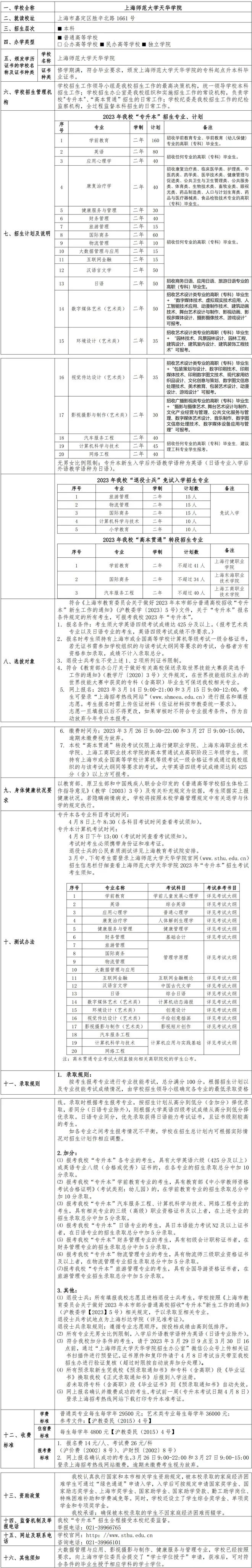 2023年上海师范大学天华学院专升本招生简章