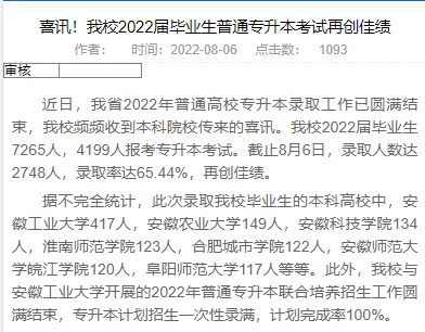 2022年芜湖职业技术学院专升本录取率